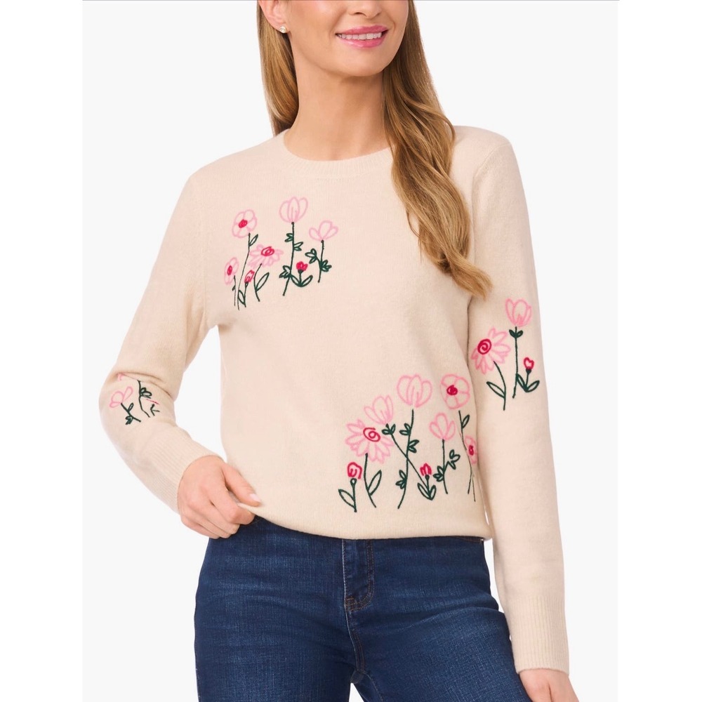 CeCe Womens Floral Embroidered Crew Neck Sweater Cream Pink XS Long Sleeve